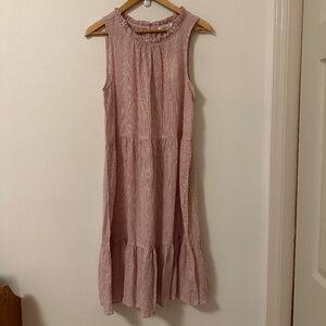 NWT beachlunchlounge Red and White Stripe Ruffle Cotton Linen Dress | Medium